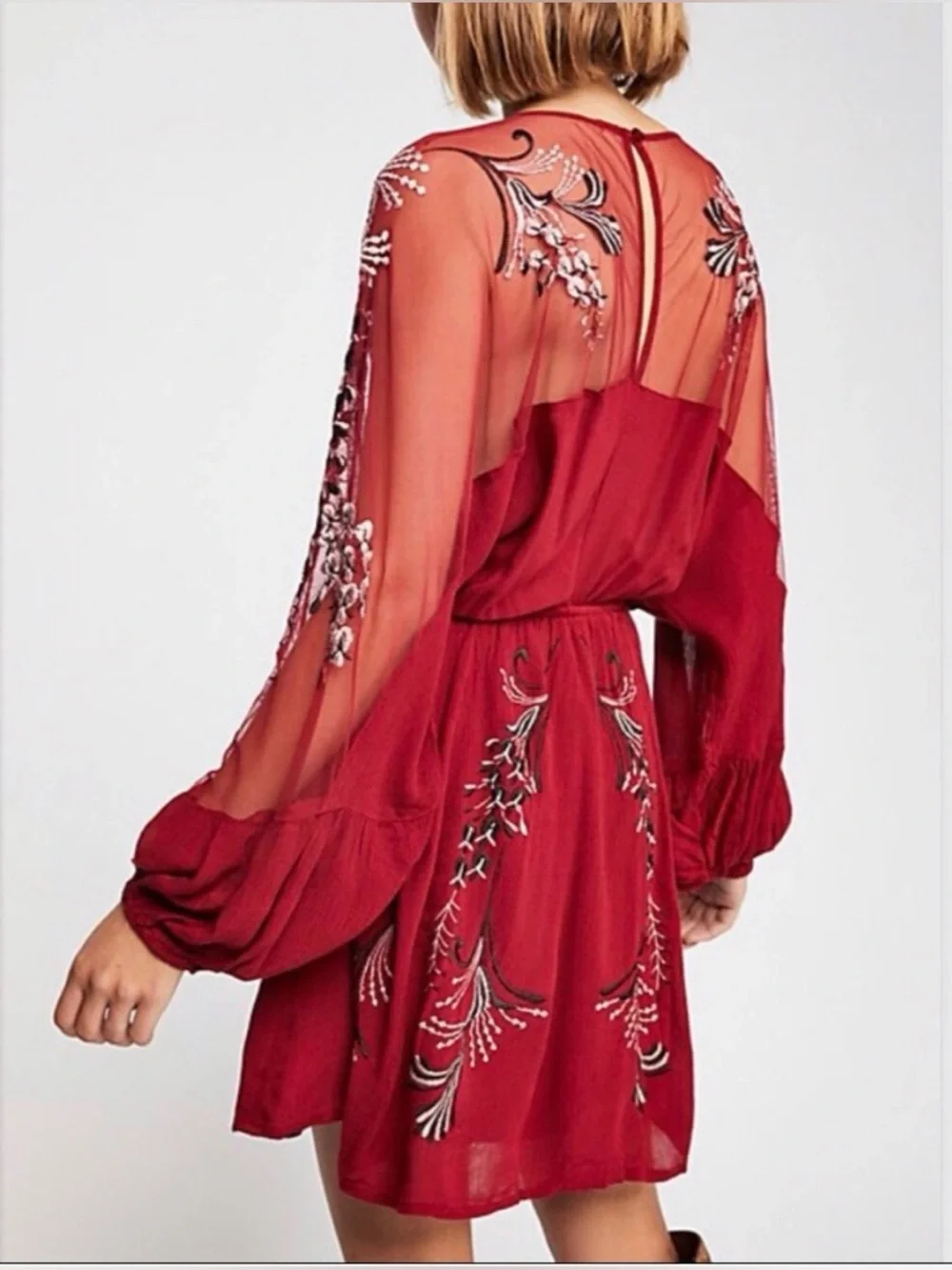 Free People Burgundy Red Embroidered Mesh Sleeve Mini Dress - Picture 2 of 13
